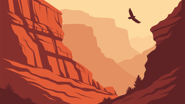 Majestic Grand Canyon landscape vector illustration with a soaring eagle against a warm, gradient sky, depicting vast red rock formations and desert wilderness.