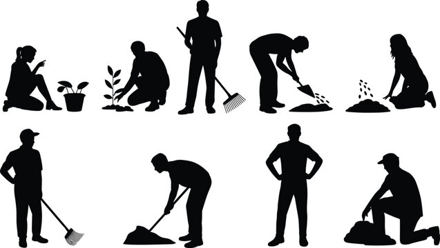 Gardener and landscaping worker silhouettes set, people planting trees raking leaves and shoveling soil isolated on white background black vector illustration