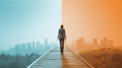 Obraz na płótnie Canvas Businesswoman bridge city skyline split concept urban professional decision choice walking modern architecture outdoor contrast blue orange female rear view leadership future direction path
