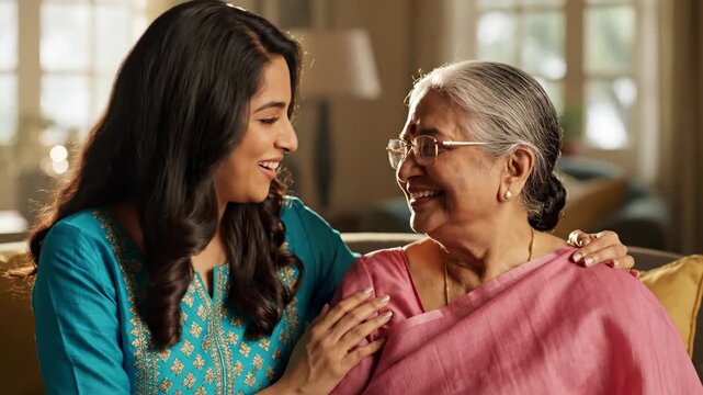 Young Indian woman kisses elderly mother's cheek affectionately at home