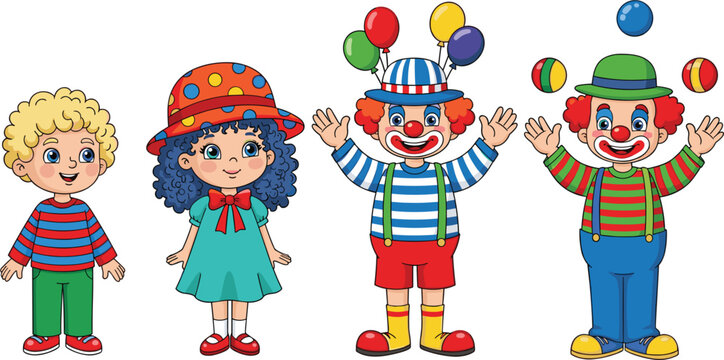 Cute cartoon circus characters set featuring happy kids and funny clowns juggling colorful balls and wearing festive hats isolated on white background vector illustration