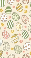 Colorful Easter eggs with floral patterns and stripes on a cream background with small flowers
