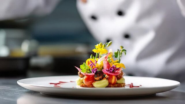 Culinary Artistry: A chef meticulously plates a vibrant, gourmet dish, a symphony of flavors and textures, promising a delightful dining experience.