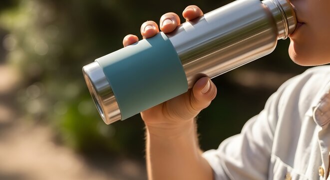 child drinking from metal thermos 