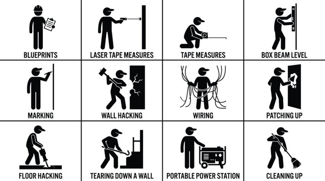 Construction worker stick figure icons set featuring blueprints laser tape measure box beam level marking wall hacking wiring patching up floor hacking demolition and cleaning