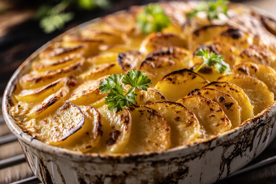 Golden-brown gratin potatoes, neatly arranged in a white ceramic bowl and garnished with fresh herbs. In Slovakia, however, this dish is known primarily at home as French potatoes