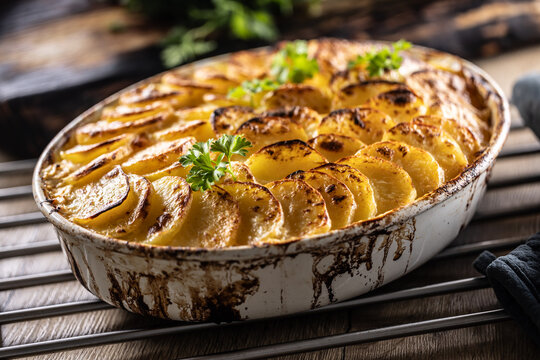 Golden-brown gratin potatoes, neatly arranged in a white ceramic bowl and garnished with fresh herbs. In Slovakia, however, this dish is known primarily at home as French potatoes