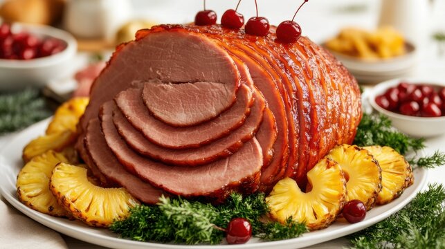 Whole Glazed Ham with Cherries and Pineapple