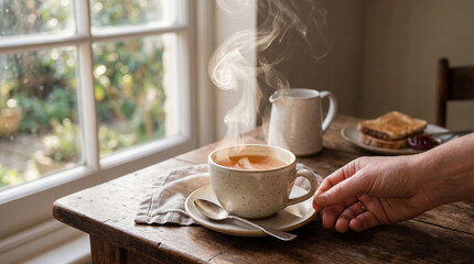 Fototapeta premium Steaming cup of tea on a wooden table by a window