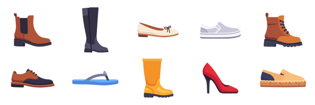 Set of fashion footwear icons, boots, heel, flat, sneaker, loafer, colorful collection with vector flat illustrations