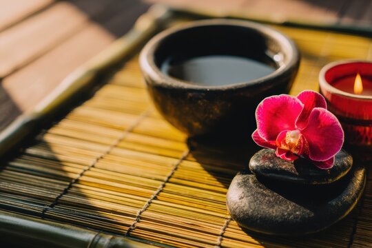 竹マットの上で花や石と一緒にお茶を楽しむ