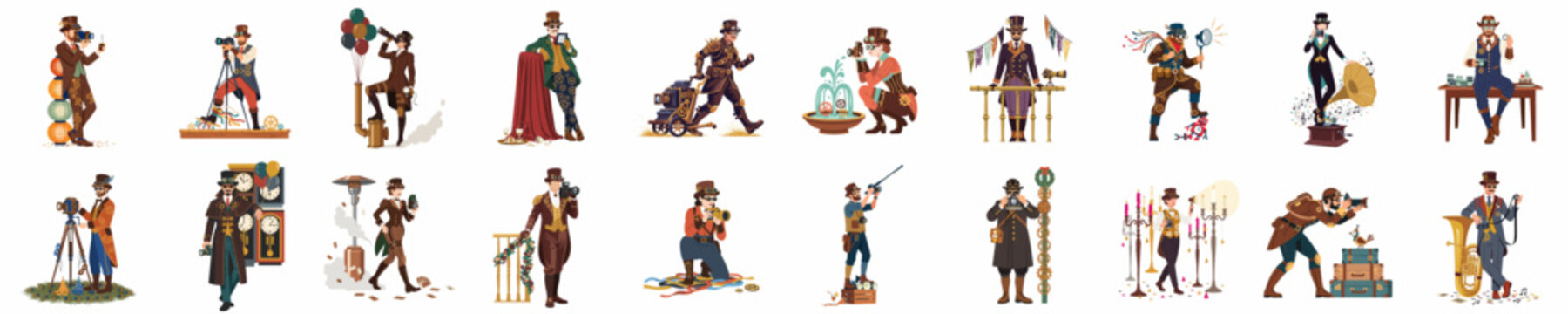 Large collection of steampunk characters and photographers featuring vintage gadgets, Victorian fashion, and retro technology in a clean flat illustration style.