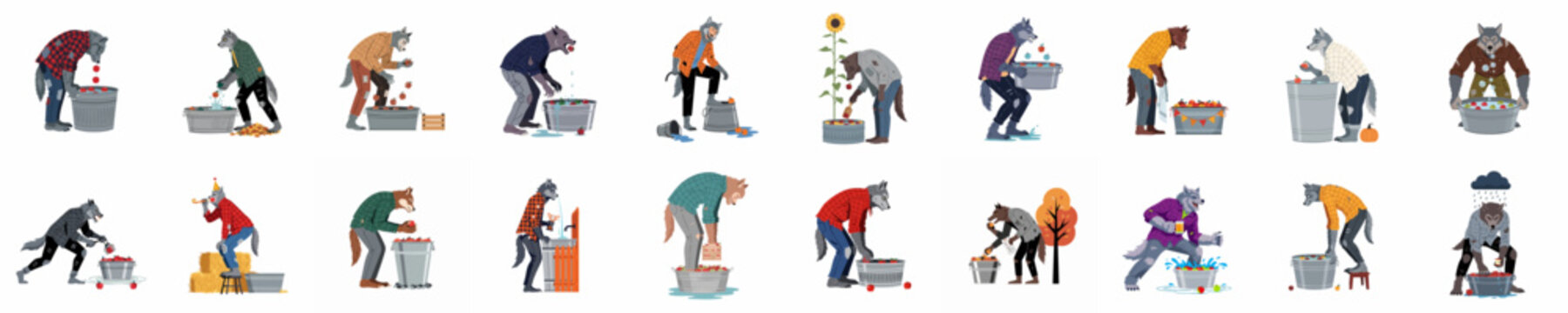 Large Collection of Werewolves Playing Bobbing for Apples and Celebrating Autumn Harvest in Various Humorous Scenarios Illustration Set