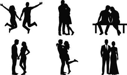 Fototapeta premium Romantic couple silhouettes set, happy lovers hugging jumping sitting bench holding hands love relationship isolated vector illustration collection