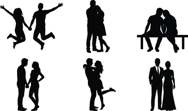 Romantic couple silhouettes set, happy lovers hugging jumping sitting bench holding hands love relationship isolated vector illustration collection