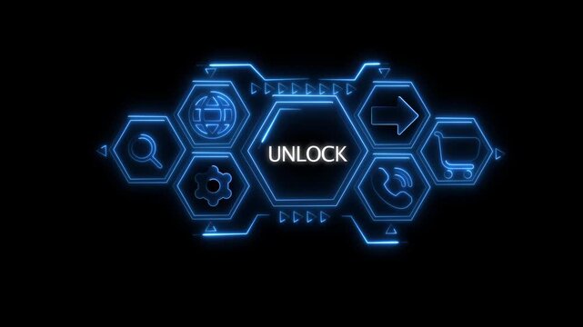 Futuristic digital interface with glowing blue hexagonal frames displaying for search globe gear phone shopping cart and arrow with the word UNLOCK in