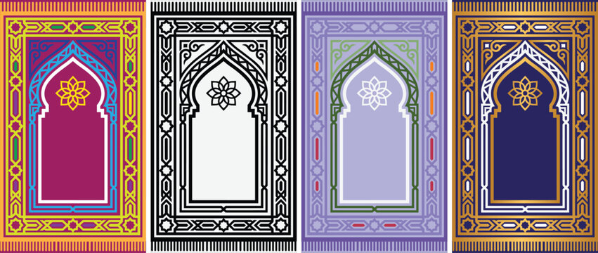 Collection of four colorful islamic prayer mat vectors with traditional geometric motifs.