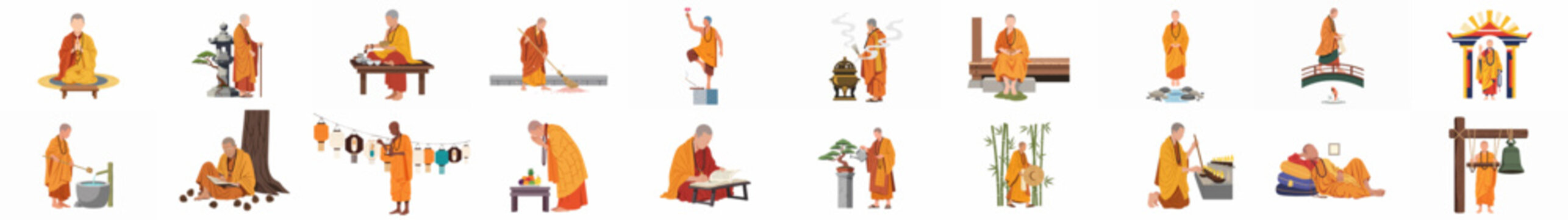 Collection of Buddhist monks in traditional orange robes performing various spiritual, daily, and ritualistic activities in a flat illustration style.