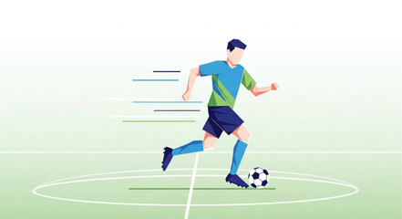 Obraz premium Young man playing soccer on a field kicking the ball.