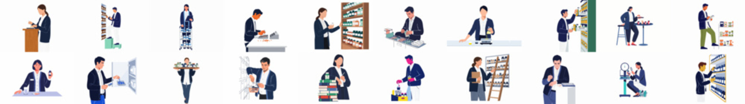 Comprehensive collection of pharmacist characters performing various tasks like dispensing medicine, organizing shelves, and managing pharmaceutical supplies in a pharmacy setting.
