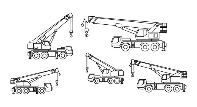 Mobile Crane Set Construction Vehicles Line Art.