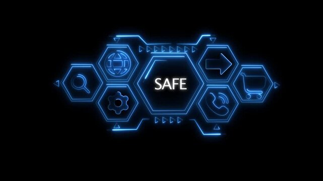 Futuristic digital interface with glowing blue hexagonal frames displaying for search globe gear phone shopping cart and arrow with the word SAFE in the