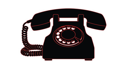 A vintage black rotary telephone with a red outline is prominently displayed