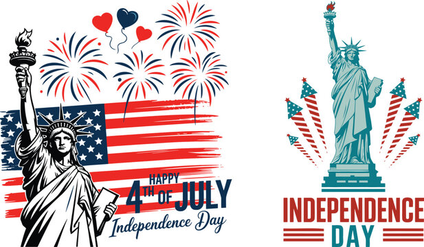 Iconic Statue of Liberty celebrating Independence Day with fireworks and patriotic flag visuals