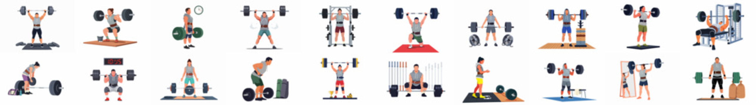 A collection of flat vector illustrations depicting diverse men and women performing various weightlifting and powerlifting exercises in a gym setting.
