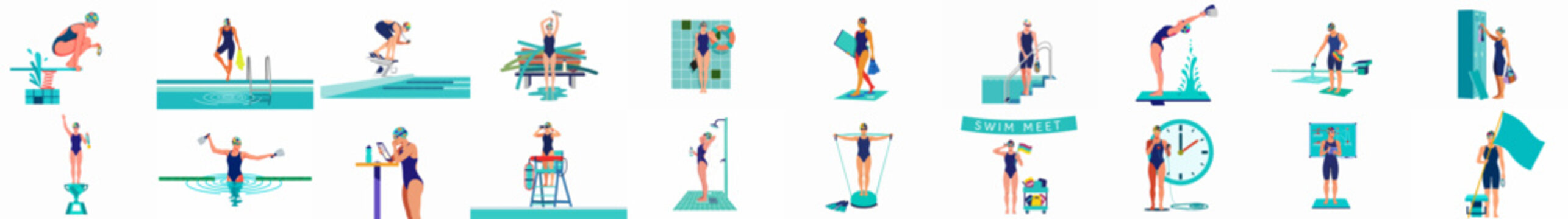 Comprehensive set of flat vector illustrations featuring a female swimmer in diverse training, competition, and poolside activities for aquatic sports themes.