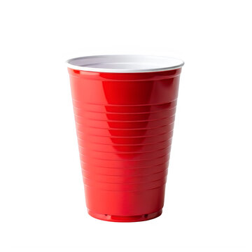 A standard red plastic cup used for parties and social gatherings featuring a ribbed side design isolated on transparent background