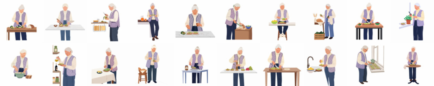Flat illustration collection of an elderly woman preparing healthy meals like avocado toast and fresh salad in various kitchen settings.