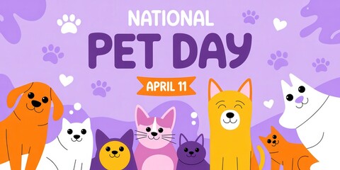 Naklejka premium National pet day celebration with various cute animals on purple background
