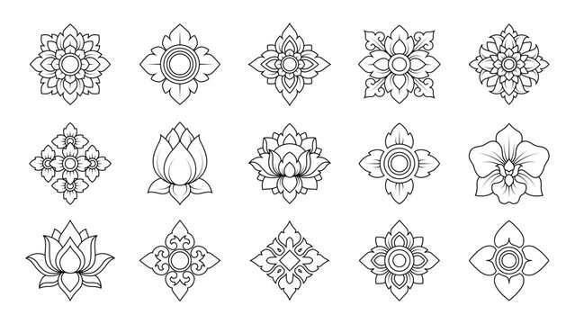 Traditional Thai flower symbol illustration collection inspired by lotus and Kanok motifs decorative ornamental elements for cultural design branding and packaging