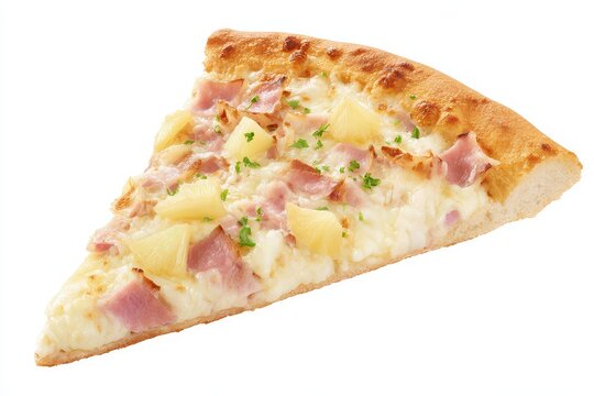 Single slice of Hawaiian pizza featuring melted mozzarella cheese chunks of ham and pineapple tidbits with a golden brown crust and sprinkled parsley on a white background