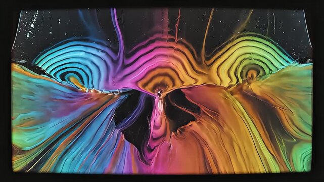 Cymatics Multicolor Concentric Rings and Spiral Paint Patterns on Black Surface