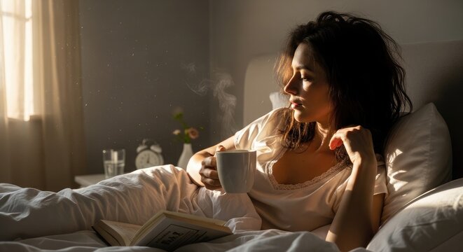 Woman relaxing in bed with a cup of coffee or tea on a sunny morning