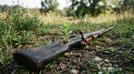 Old rifle abandoned on the ground in nature, symbolic representation of war, conflict aftermath and the hope for peace.