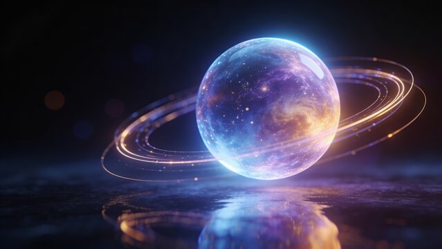 Abstract Glowing Sphere with Nebula Inside and Rings of Light around it