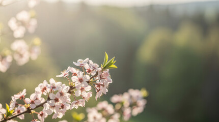 Delicate pink cherry blossoms on a branch with soft sunlight and blurred green background pink flowers