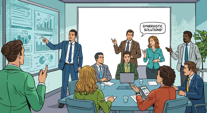 B2B Marketing Agency Team Brainstorming Strategy in Retro Pop Art Style for High-End Corporate Campaigns