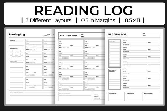 Reading Log printable vector template for book tracking with reading goals, quotes, and monthly summary layouts for student organization.