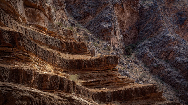 tonalite. Stepped rock layers in a canyon wall, desert landscape. travel magazines, destination branding, wall prints, designed for outdoor magazines and nature guides, used by graphic designers.