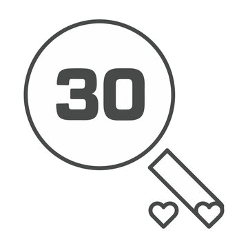 A magnifying glass vector icon displaying the number thirty and two hearts