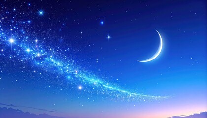 A vibrant night sky with milky way, crescent moon and scattered stars above