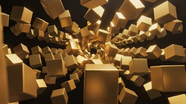 Abstract gold cubes tunnel background with infinite perspective and geometric shapes, artistic futuristic design