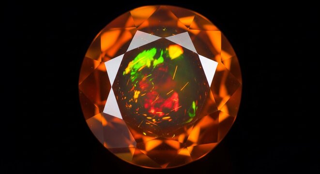 Close-up of a round faceted fire opal gemstone showing vibrant inner flashes of green and red light on a dark background.