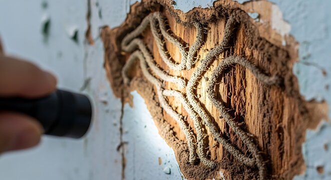 Close-up of a flashlight illuminating extensive termite mud tubes and damaged wood, revealing a severe infestation in a building structure.