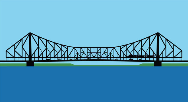 Famous Howrah bridge architecture over the hooghly river in kolkata india displaying heavy steel structures for transportation and city infrastructure development.
