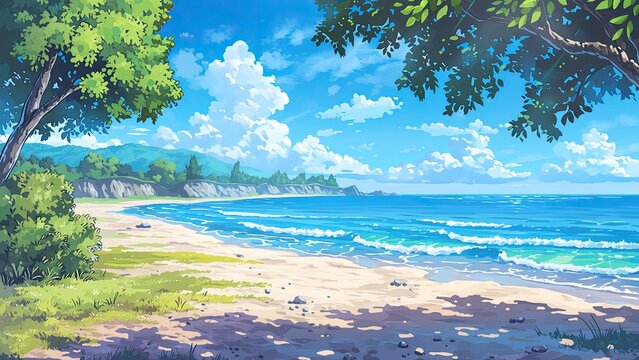 青空と入道雲が広がる夏の海岸風景イラスト 背景素材 海辺の自然景観